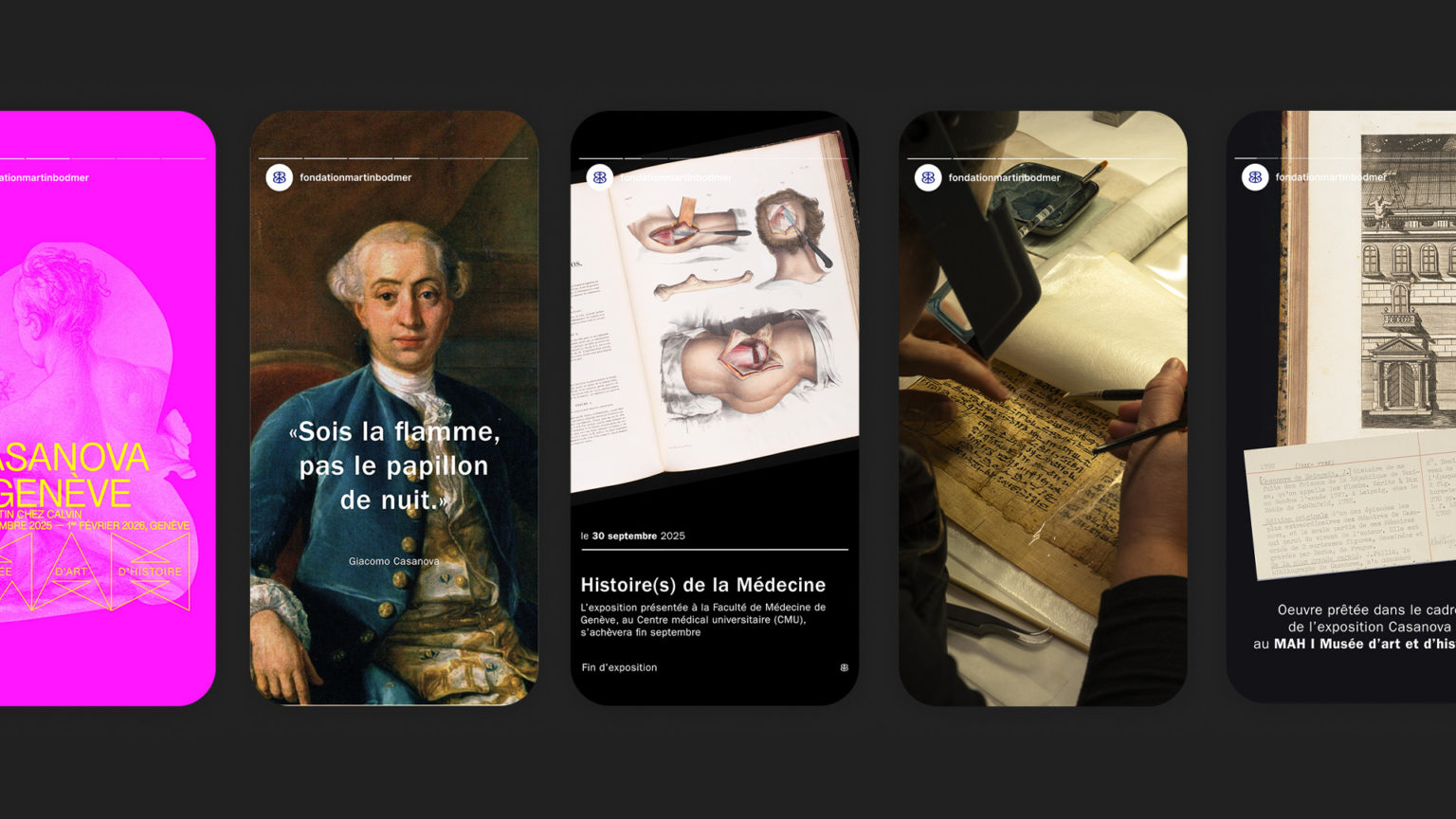 Maquette de stories instagram pour le compte de la fondation martin bodmer à Cologny, Genève, Suisse.