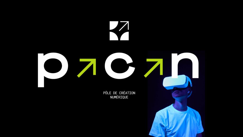 un personnage devant le logo PCN Pôle de création numérique suisse